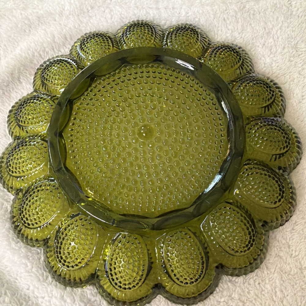 Vtg Indiana Glass Avacado Green Hobnail Deviled 15 Egg Dish Tray Plate 1960'sMCM - Picture 10 of 16
